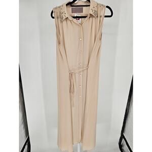 O2 Collection Womens Sz M MAxi length Dress Button Up Sheer Beaded NEW